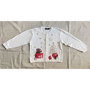 Vtg Bobbie Brooks Teddy Bear 3X Christmas Cardigan Cream Holiday Sweater Gifts